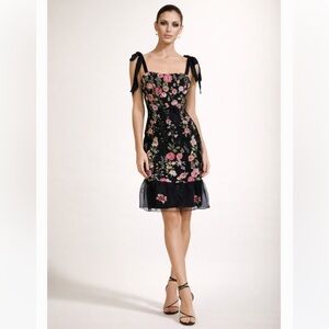 Lulu’s NWT Floral Embroidered Bow Tie Straps Black Pink Midi Dress XL